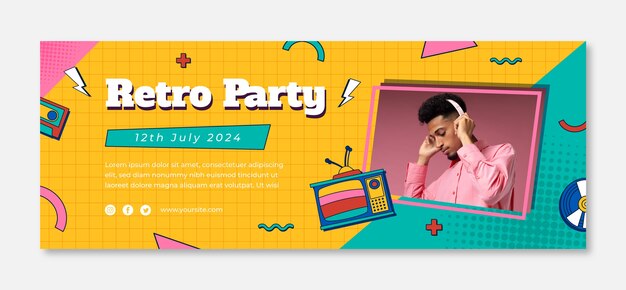 Flat design 90s party facebook cover template