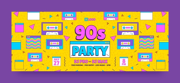 Flat design 90s party facebook cover