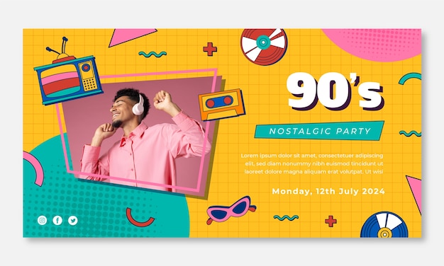 Free vector flat design 90s party facebook post template