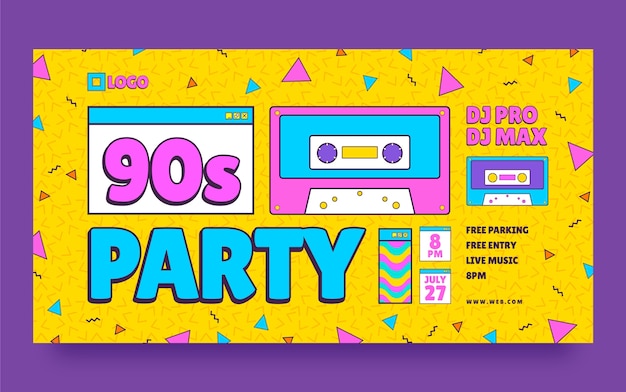 Плоский дизайн вечеринки 90-х пост в фейсбуке