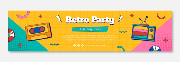 Free vector flat design 90s party twitch banner template