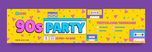 Flat design 90s party twitch banner