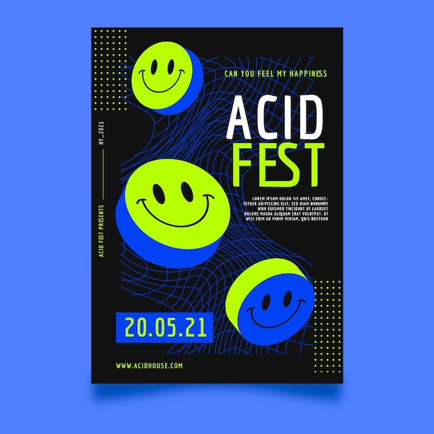 Free vector flat design acid emoji party poster template