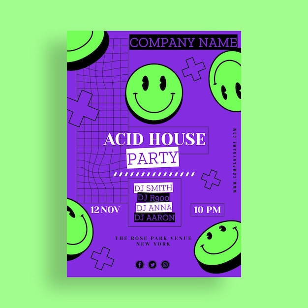 Flat design acid party emoji poster