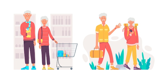 Flat design active elderly people set