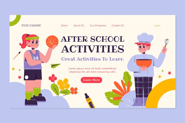 Flat design after school activities landing page