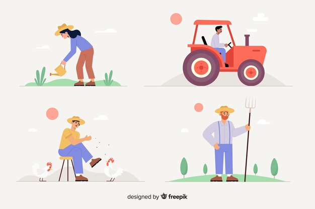 농업 노동자 세트의 평면 디자인
