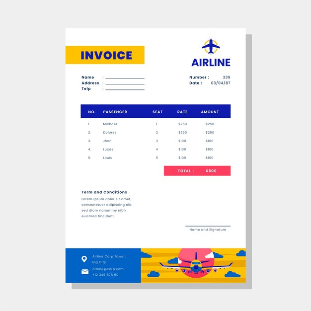 Flat design airline company invoice