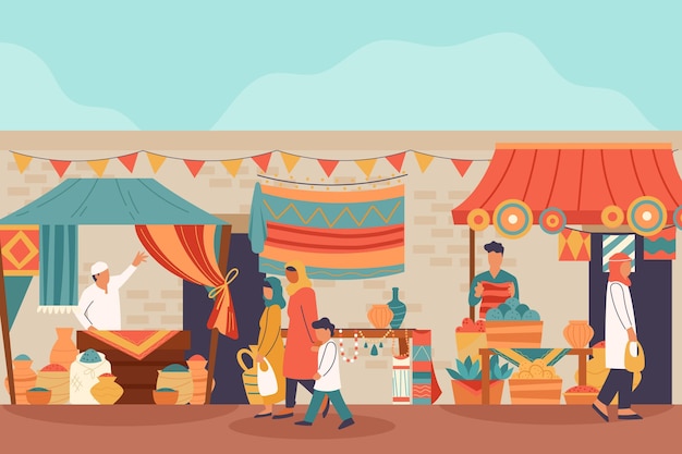 Free vector flat design arab bazaar illustration with people