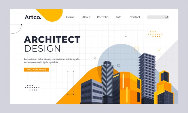 フラットデザインアーキテクチャプロジェクトのランディングページテンプレート
