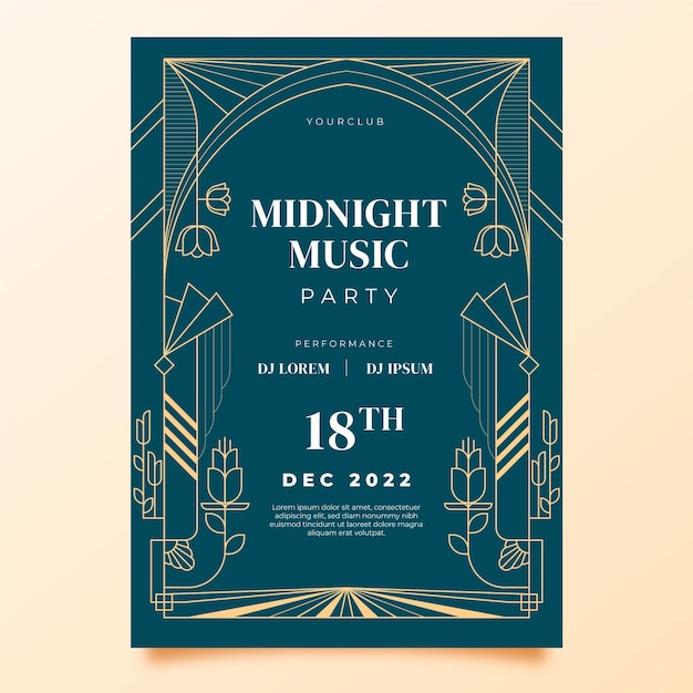 Vettore gratuito poster di musica di mezzanotte art deco design piatto