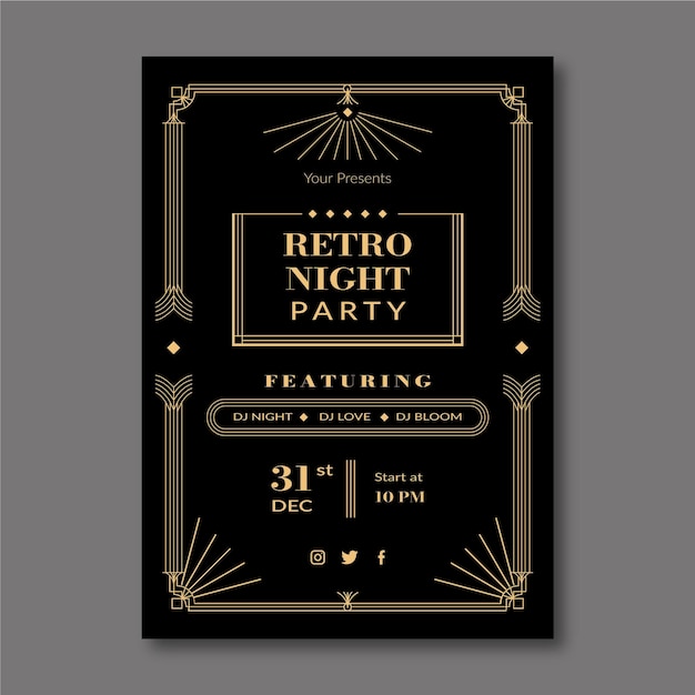 Manifesto del partito retrò art deco design piatto