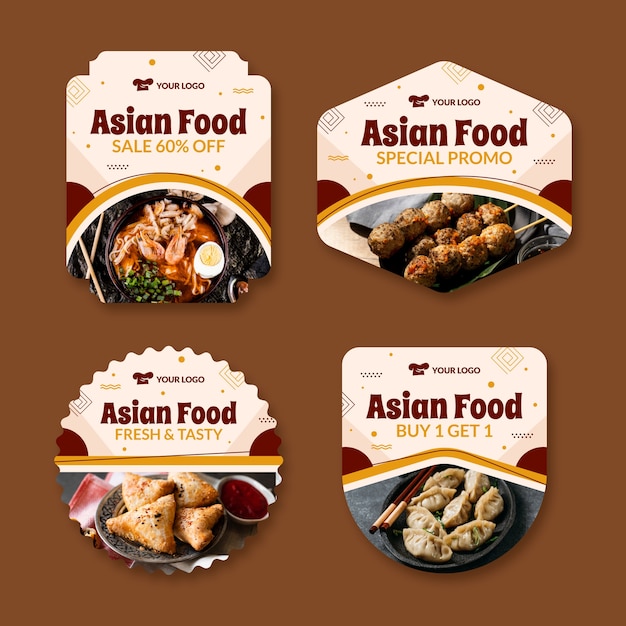 Free vector flat design asian food labels