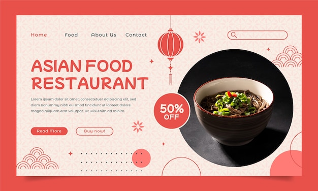 Vettore gratuito pagina di destinazione del cibo asiatico dal design piatto