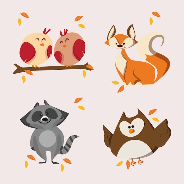 Flat design autumn forest animals collection