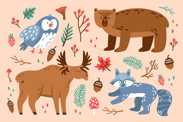 フラットなデザインの秋の森の動物 無料のベクター