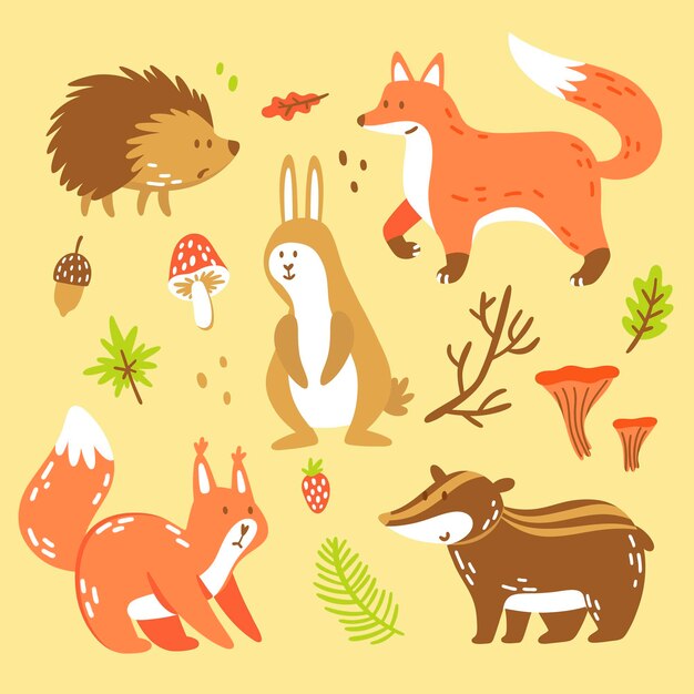 Плоский дизайн коллекции осенних лесных животных