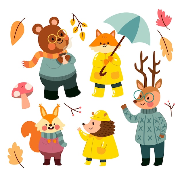 Flat design autumn forest animals collection