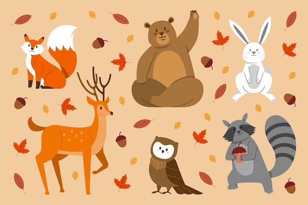 Flat design autumn forest animals set