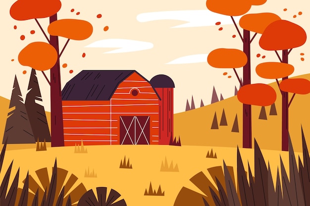 納屋とフラットなデザインの秋の風景