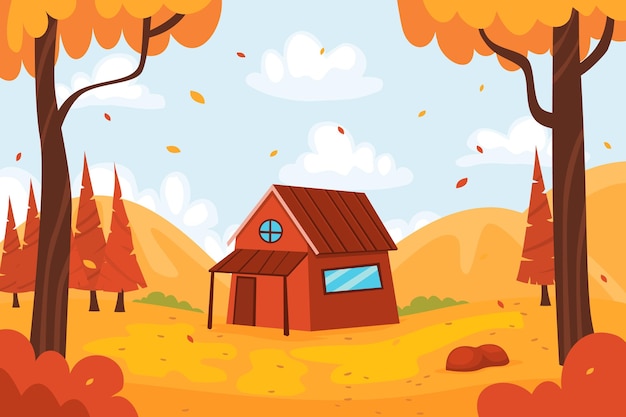 Free vector flat design autumn landscape with house