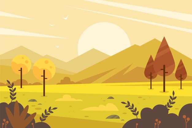 Flat design autumn landscape with sun