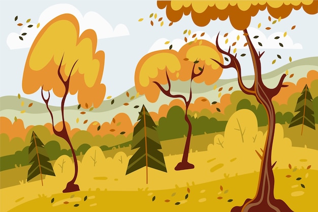 Осенний пейзаж в плоском дизайне с деревьями