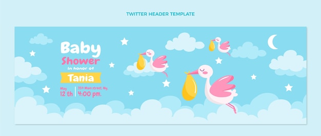 Vettore gratuito modello di intestazione twitter baby shower design piatto