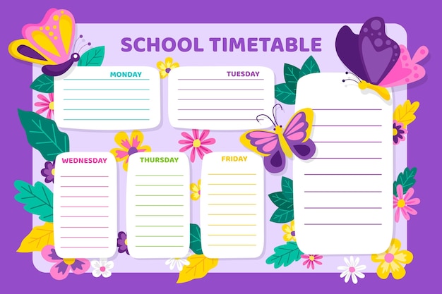 Flat design back to school timetable with butterflies Free Vector
