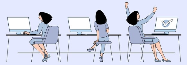 フラット​な​デザイン​の​背面図​ベクトル​女性​の​漫画​の​キャラクター​が​オフィス​で​働く