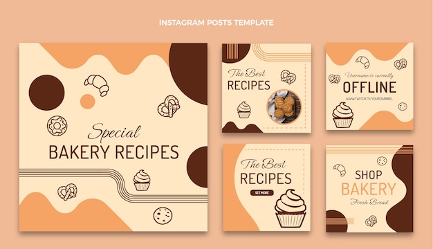 Free vector flat design bakery recipes instagram posts