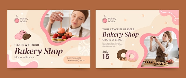 Flat design bakery shop brochure with cakes