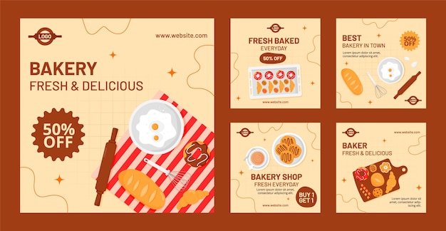 Vettore gratuito post di instagram del negozio di panetteria dal design piatto