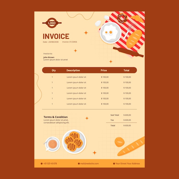 Flat design bakery shop invoice template