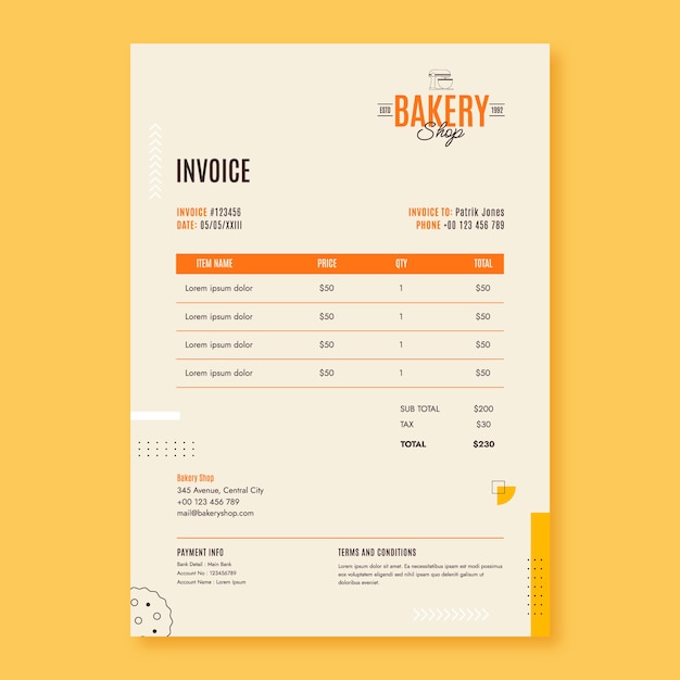 Free vector flat design bakery shop invoice