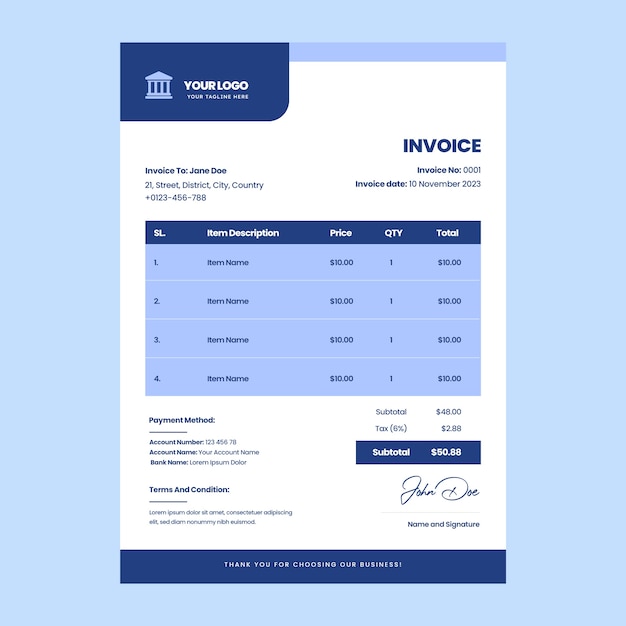 Flat design bank business invoice