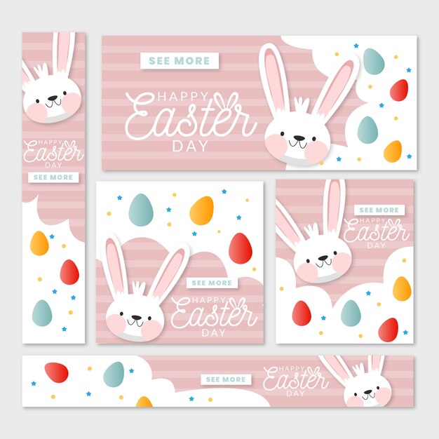 Flat design banner for easter with bunnies and colourful eggs