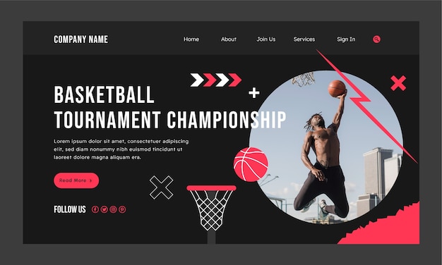 Vettore gratuito pagina di destinazione del torneo di basket dal design piatto