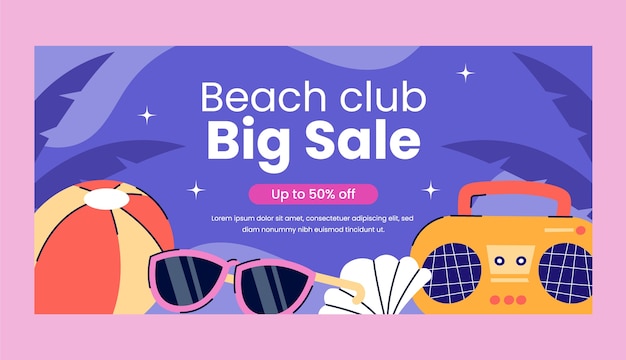 Бесплатное векторное изображение Шаблон баннера продажи пляжного клуба в плоском дизайне