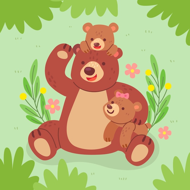 フラットなデザインのクマの家族のイラスト