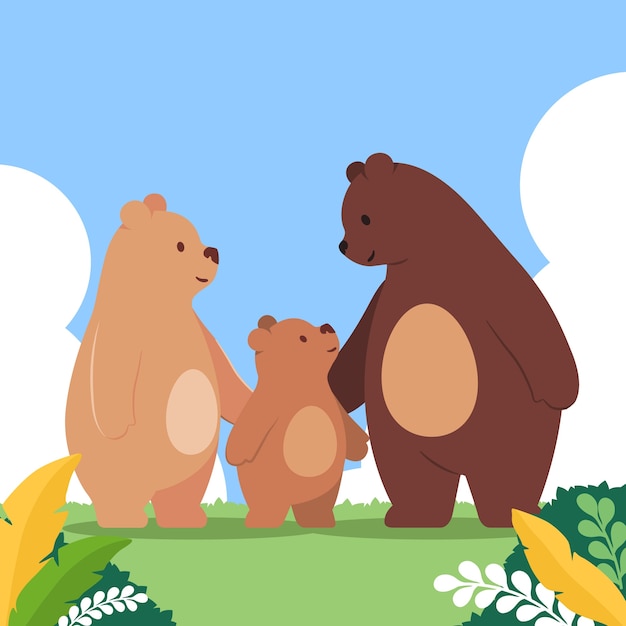 フラットなデザインのクマの家族のイラスト