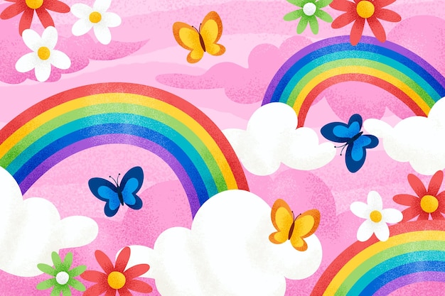 Flat design beautiful rainbow with flowers