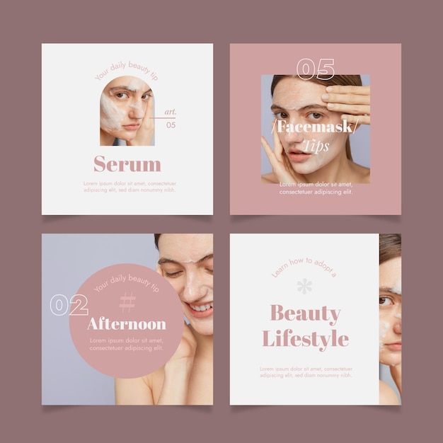 Vettore gratuito set di post di instagram di bellezza design piatto