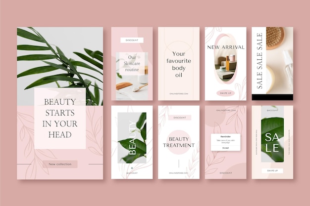 Free vector flat design beauty instagram story collection