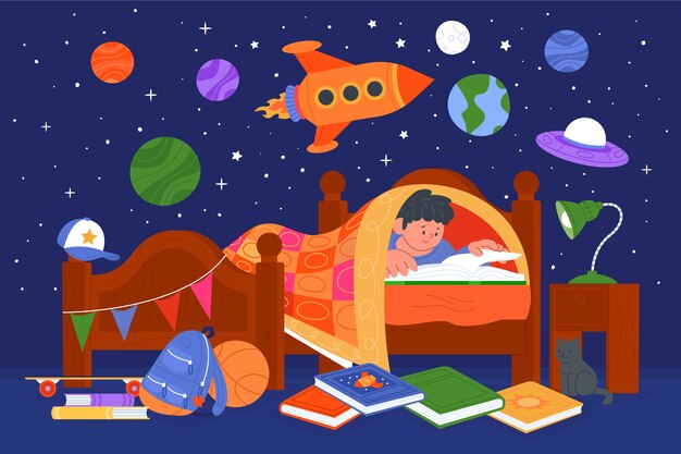 フラット デザイン ベッドタイム ストーリー イラスト