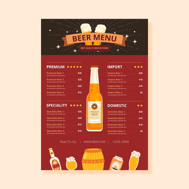 Vettore gratuito modello di menu della birra dal design piatto