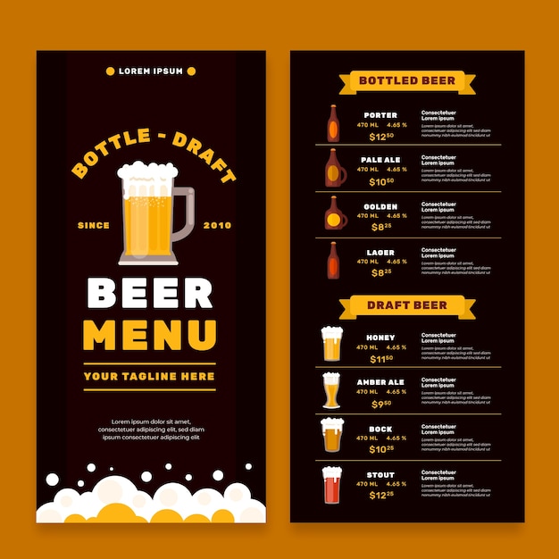 Vettore gratuito modello di menu della birra dal design piatto