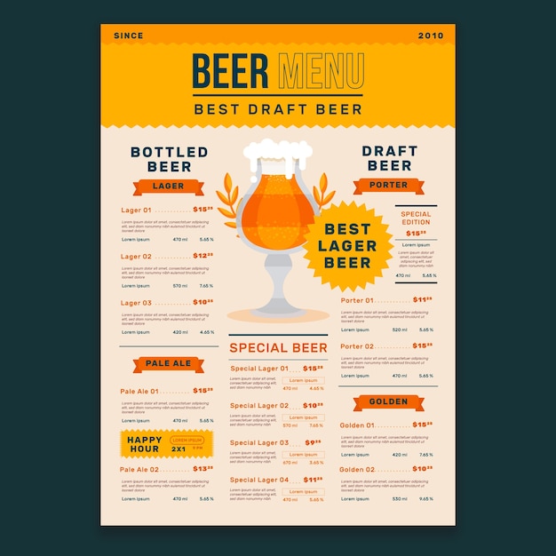 Modello di menu della birra dal design piatto