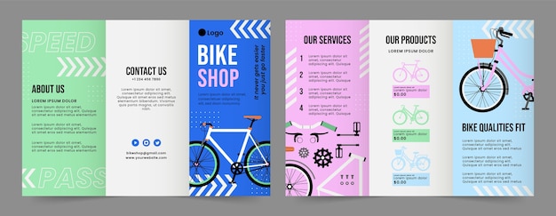 Vettore gratuito modello di opuscolo per negozi di biciclette a disegno piatto