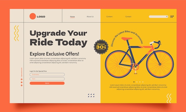 Vettore gratuito modello di pagina di destinazione di un negozio di biciclette flat design